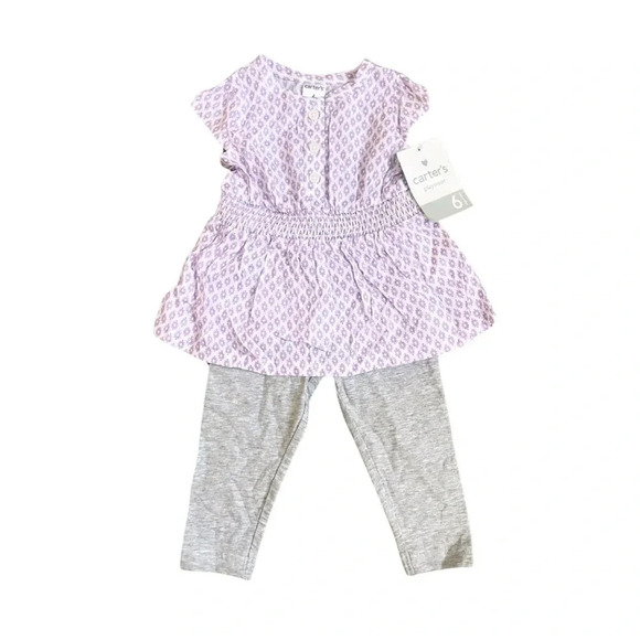 Carter’s Girl 3-Piece Set | Purple Print & Striped Dresses , Gray Leggings - Picture 5 of 9